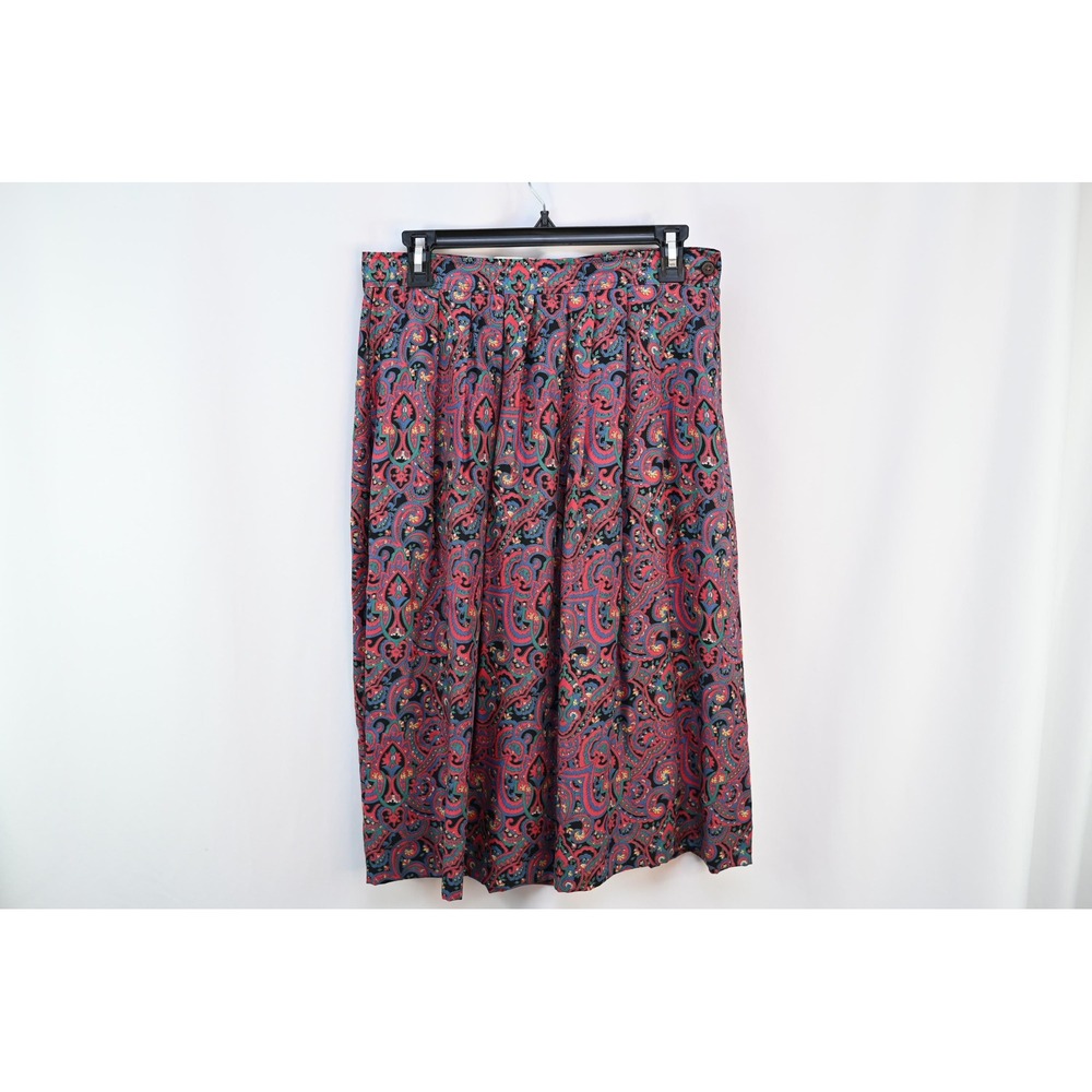 Vintage JG Hook Paisley Midi Skirt Womens 14 Purple Pink Rayon Pleated 80s 90s